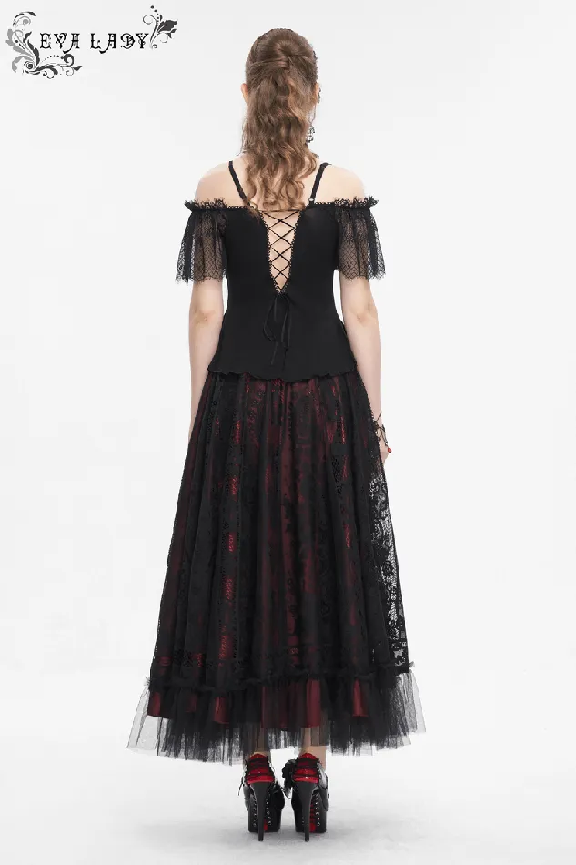 Anal Black and Red OfftheShoulder Top with Short Lace Sleeves EVEs SECRETS
