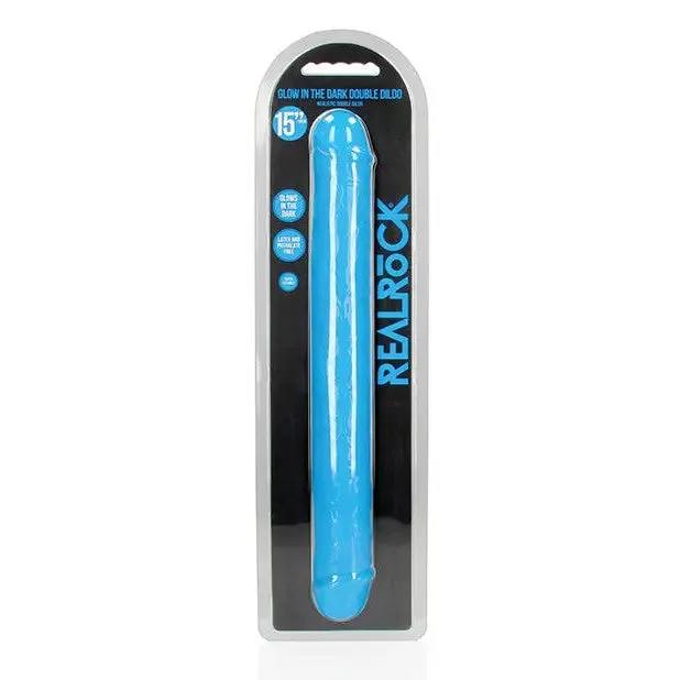 Dildos SHOTS AMERICA RealRock Glow in the Dark Double Dong 15 in DualEnded Dildo Neon Blue